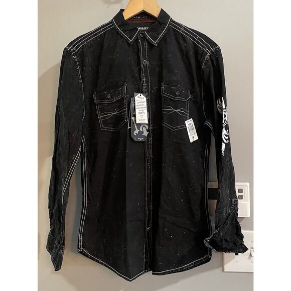 Tranquility Mayhem Shirt Graphic Eagle Button Up Long Sleeve Mens Size Small New - Picture 2 of 11